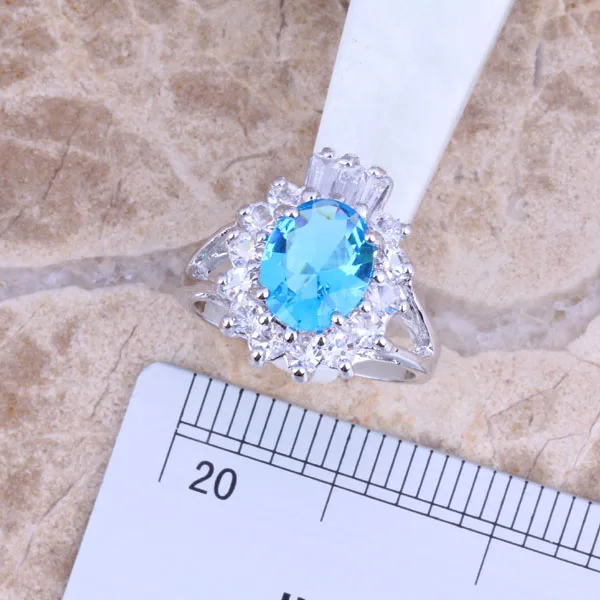 Distinctive Sky Blue Cubic Zirconia White CZ Silver Plated Jewelry Sets Earrings Pendant Ring Size 6 / 7 / 8 / 9 / 10 S0421