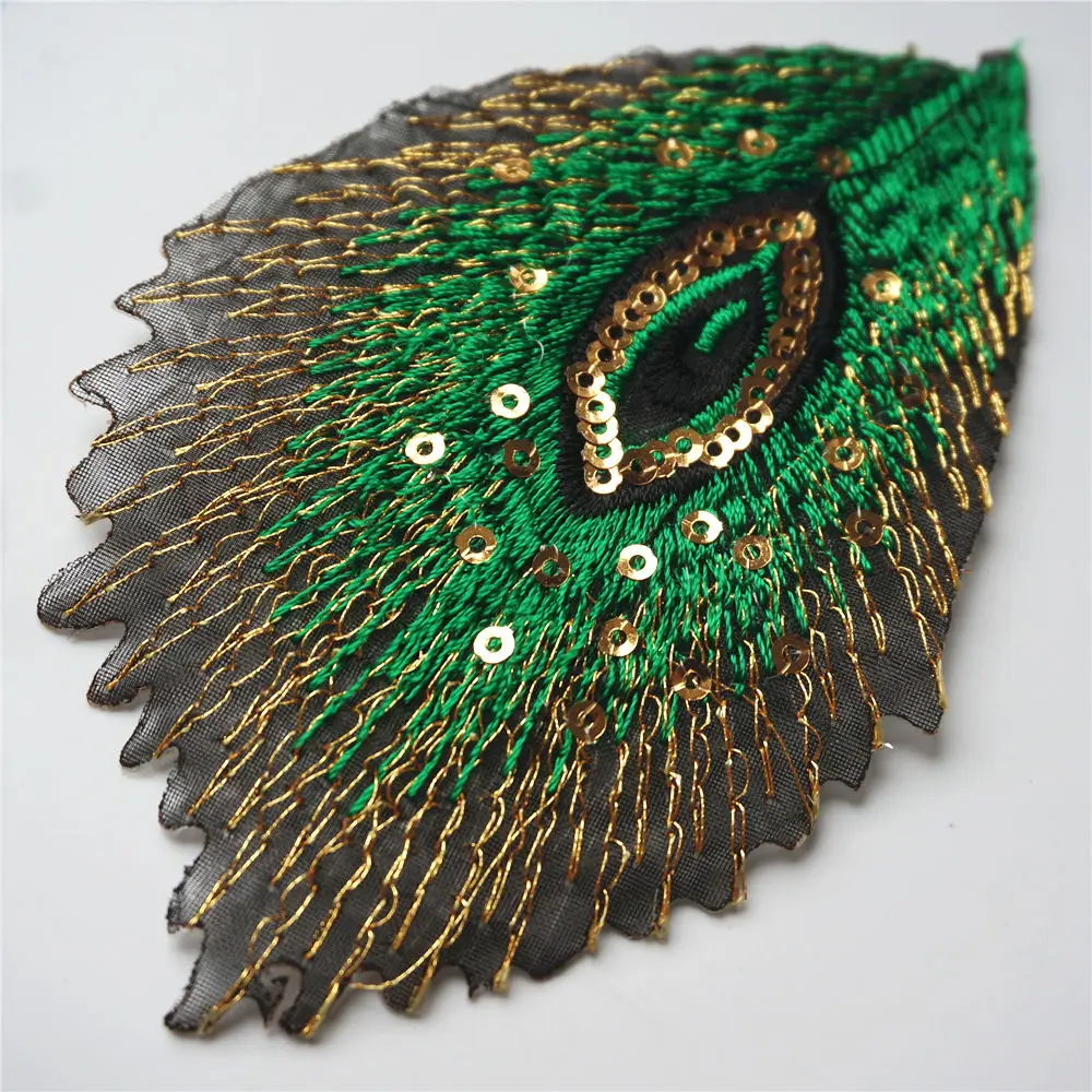 10PCS Green Peacock Feathers Phoenix Sequined Mesh Embroidered Sew Iron On Patches Badges For Dress DIY Appliques Decoration