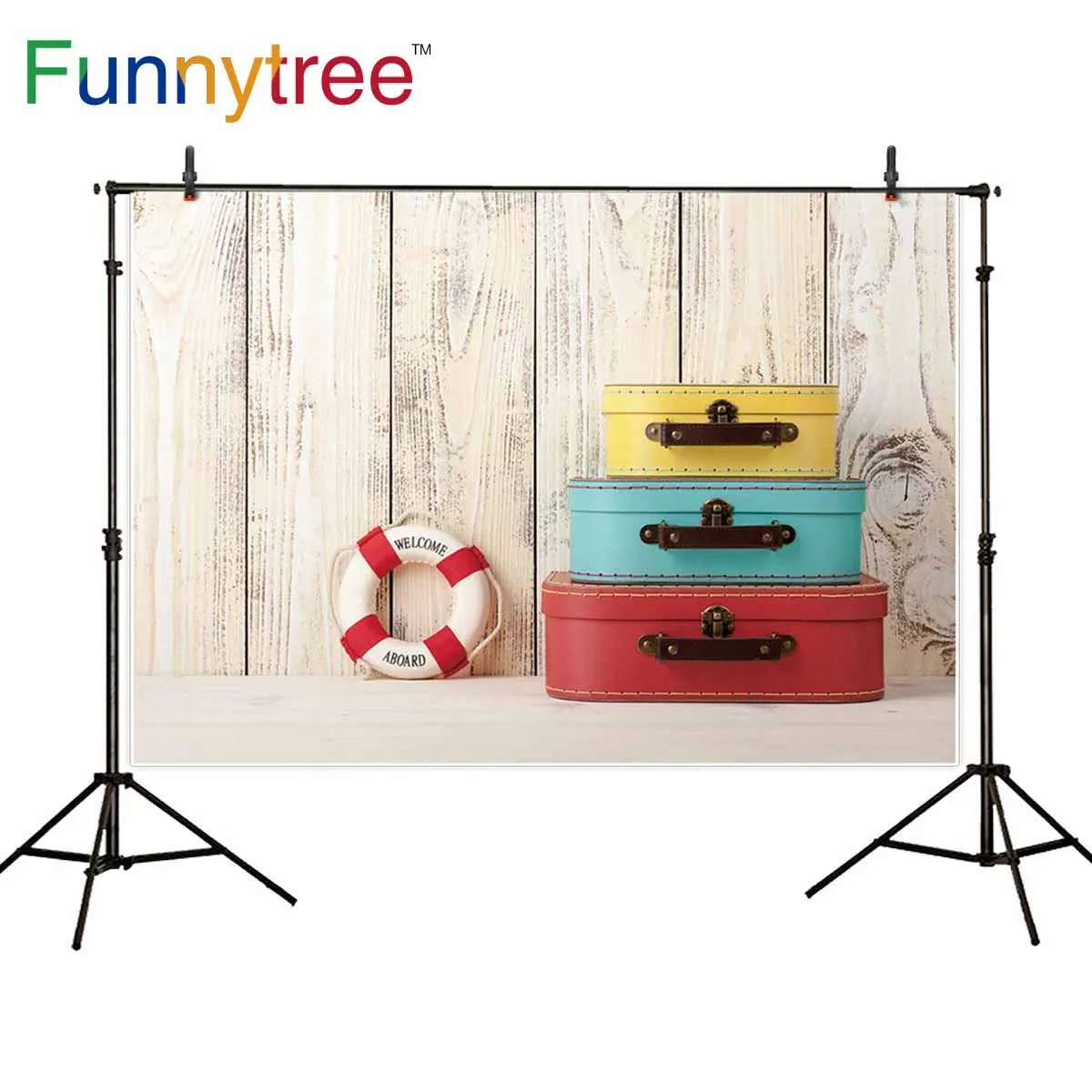 Funnytree backdrop for photographic studio wood wall trunks travel theme lifebuoy for children baby shoot background photocall