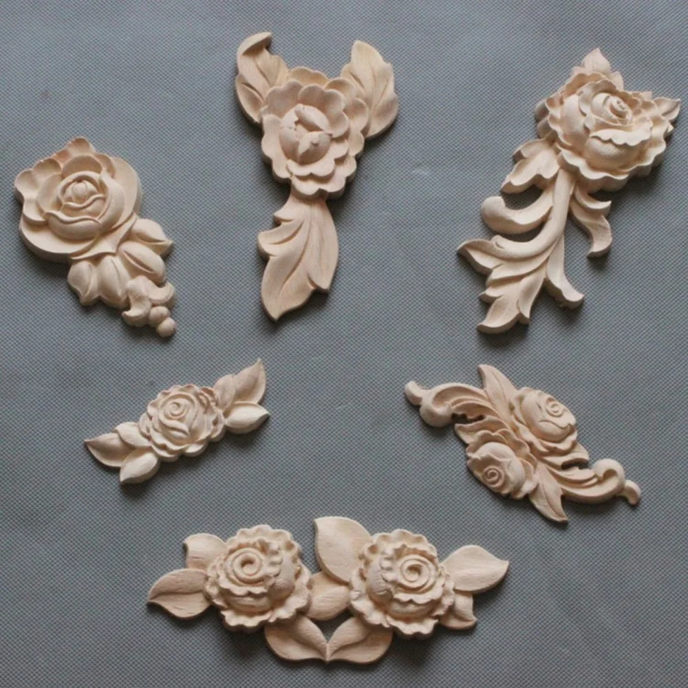 1PC New Flower Wood Carving Natural Wood Appliques for Furniture Cabinet Unpainted Wooden Mouldings Decal Decorative Figurine
