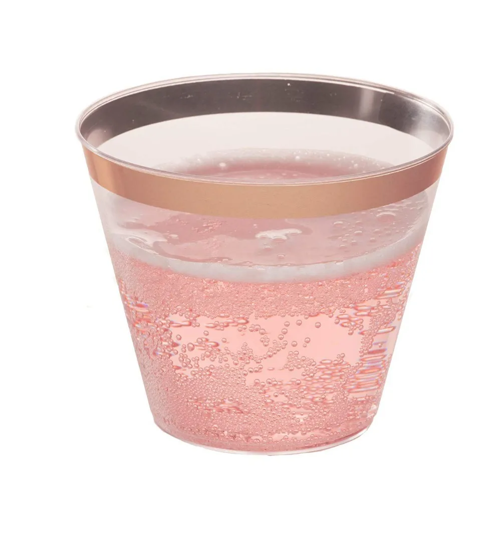 Rose Gold Plastic Cups, 9 Oz Heavy Duty Reusable Disposable Rose Gold Rim Clear Plastic Cups, Old Fashioned Tumblers-50pack