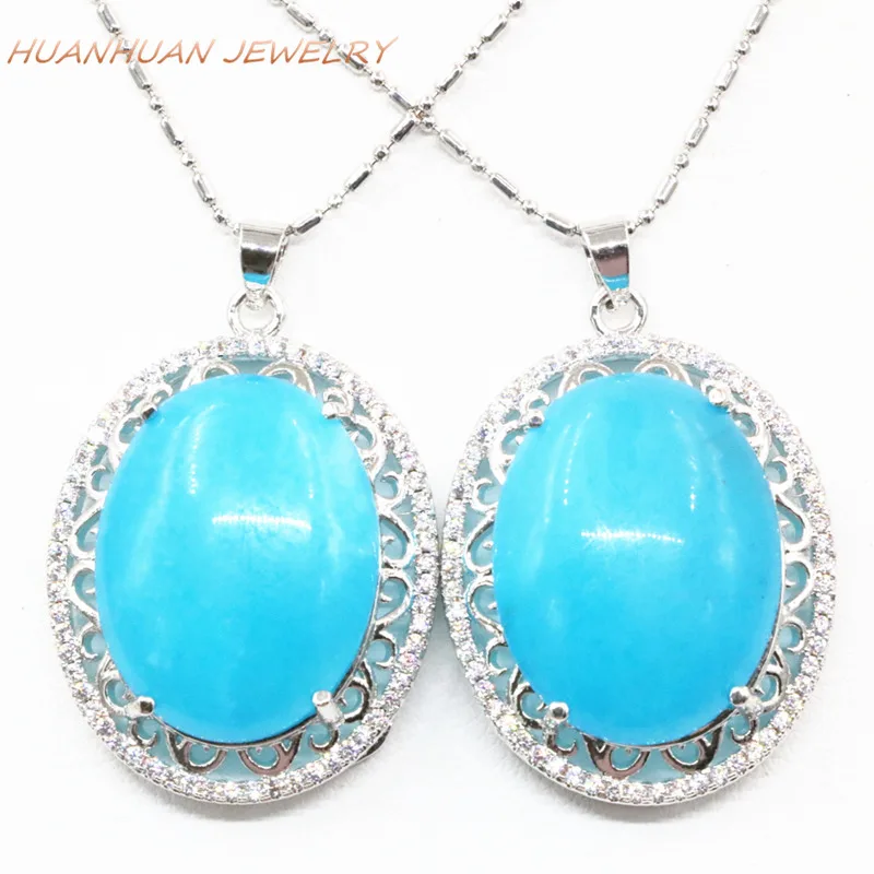 High Grade 25x33mm Stainless Steel Pendant Zircon Blue Natural Stone Jades Chalcedony Chain Necklace Pendants Diy Jewelry B3313