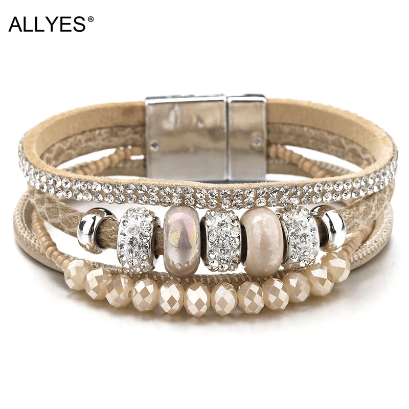 ALLYES Charm ceramiczne koraliki skórzane bransoletki dla kobiet mężczyzn Retro Boho kryształowy łańcuszek wielowarstwowa szeroka bransoletka damska biżuteria