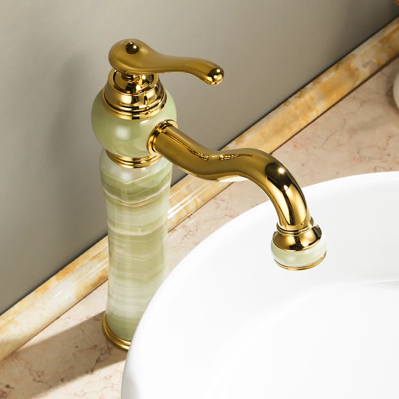 Luxury Gold Brass Natural jade Bathroom Sink Faucet Golden Art Basin Mixer Taps Single Handle Lavatory Faucet,Gold Finish-SM513