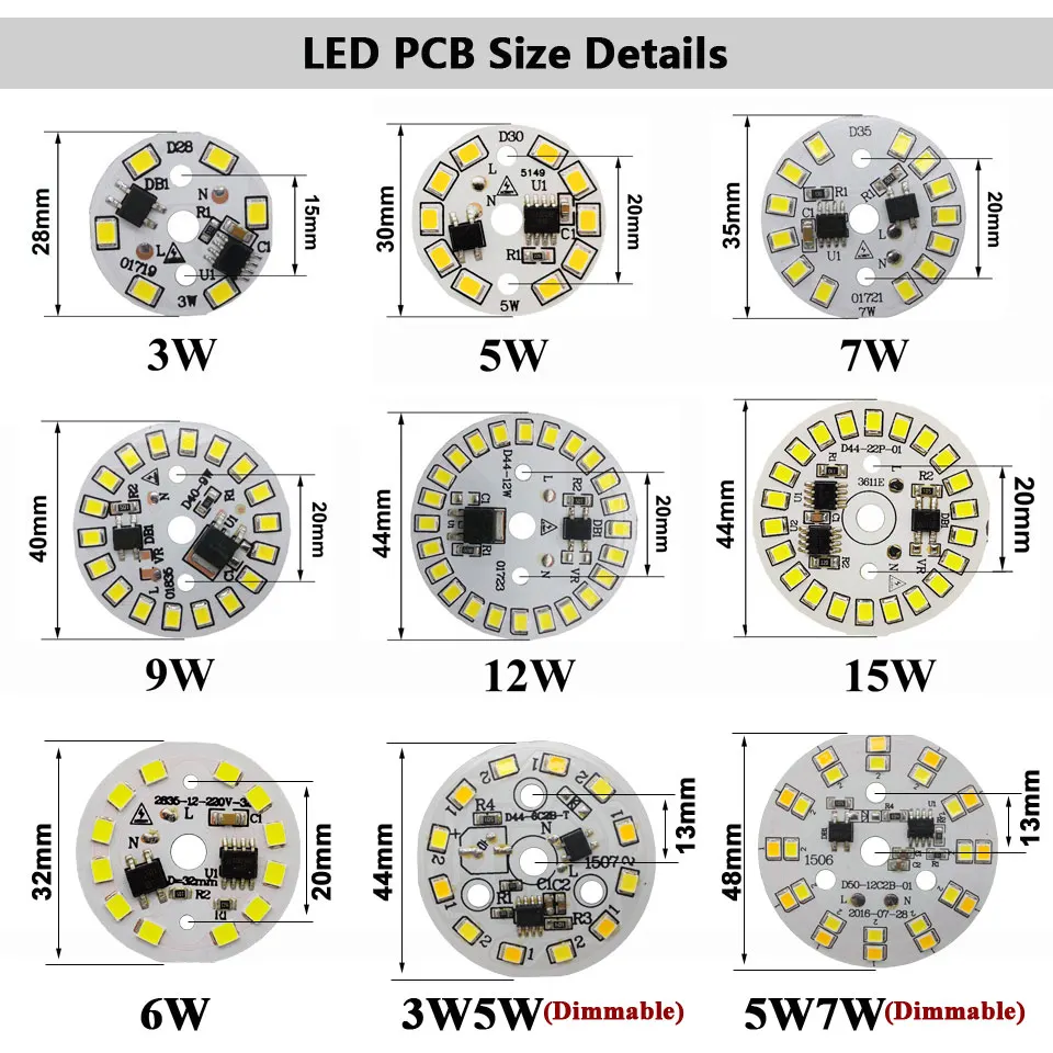 Panel de lámpara LED PCB, controlador IC inteligente, AC220V, 3W, 5W, 7W, 9W, 12W, 15W, fuente de luz de Chip SMD2835, Cable estañado de 20cm para