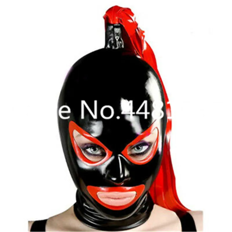 Masque en Latex en caoutchouc unisexe, masque de Cosplay fétichiste, masque en Latex, capuche en caoutchouc avec queues pour body de fête, sur mesure