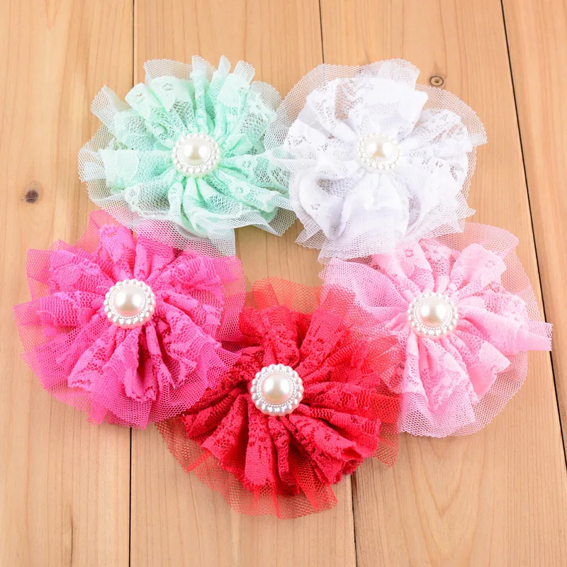 16 pcs/lot , Lace and Tulle Flower with a Pearl Center