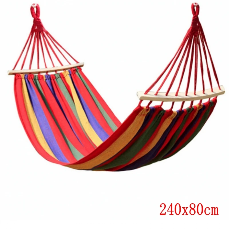 

Canvas Camping Hammock Wooden stick Prevent Rollover Hammocks Bar Garden Camping Swing Hanging Bed Red Blue Stripe 240x80CM