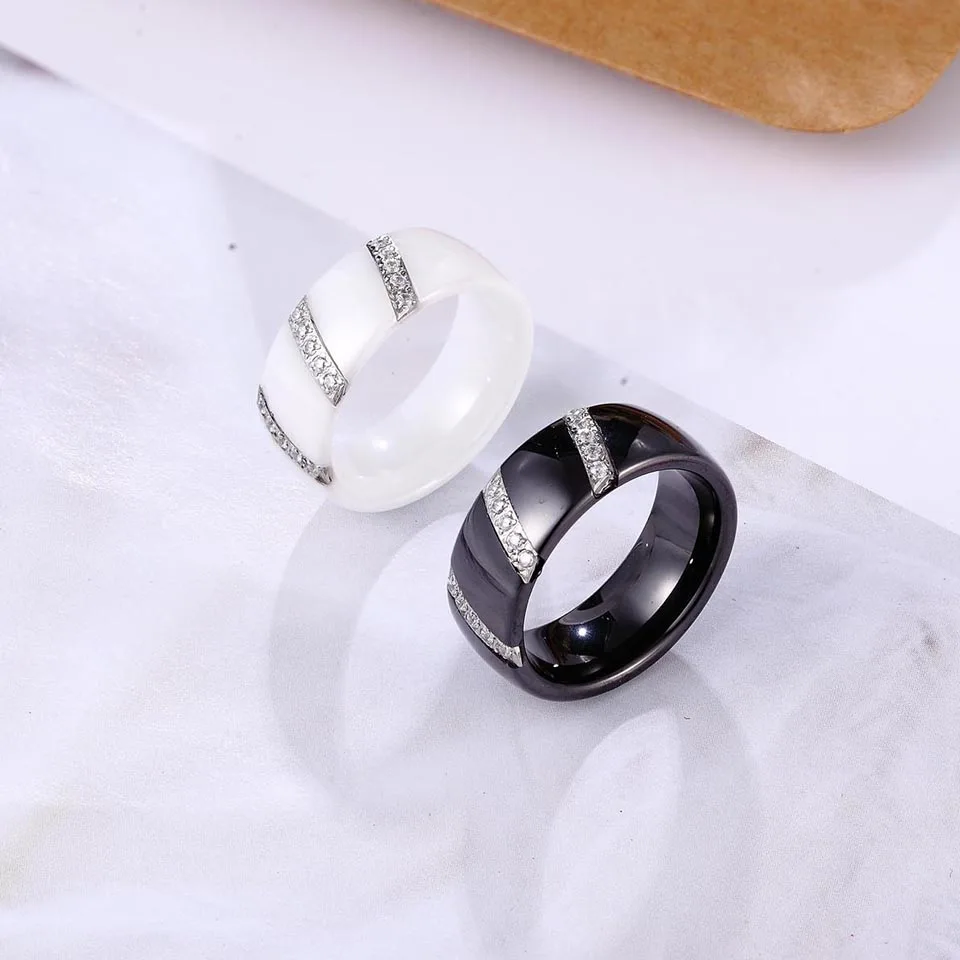 8mm High Quality Black And White Ceramic Simple Style Three Line Crystal Zircon Ceramic Rings For Women Fashion Jewelry Gift