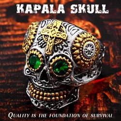 Beier 316L Stainless steel Colorful geen eyes Gothic gold Carving kapala Skull Ring Biker Hiphop rock Jewelry For man LR327