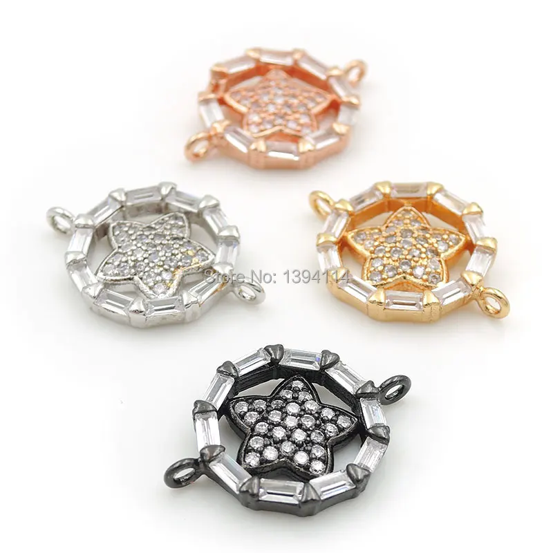 

18*14*2mm Micro Pave Clear CZ Round Connector With Star Fit For Women As DIY Bracelets Accessory