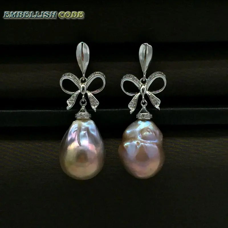 baroque pearls Bowknot style noble dangle earrings purple golden color flame ball tissue freshwater pearl 925 silver for women