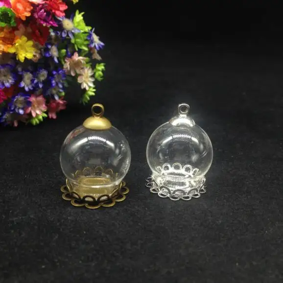 20pcs 20*15mm clear glass globe bubble double lace tray 8mm cap set glass vial diy pendant glass cover dome jars party necklace