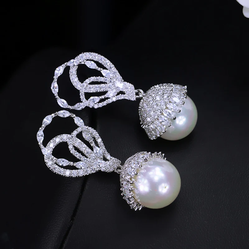 CWWZircons Elegant Shape Silver Color CZ Stone Paved Dangling Round Big Pearl Drop Earring for Women Jewelry Gift  CZ360