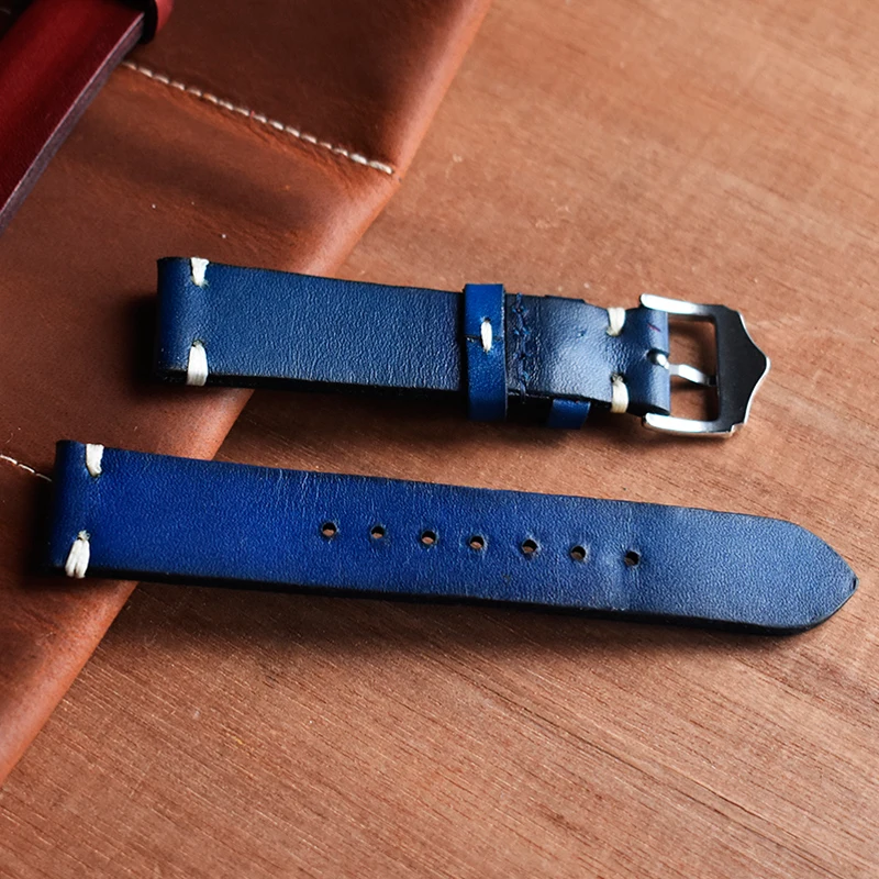 ONTHELEVEL Handmade Vintage Watchband Genuine Leather Watch Strap Red/Black/Blue Replacement Band Buckle 20mm