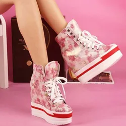 Flowers Print Ankle Boots Wedge High Heels Shoe Ladies High Top Lace-up Casual Shoes Elegant Women Sheepskin Zapatos Mujer Botas