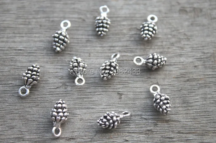 30pcs--Pine Cone Charms, Antique Tibetan Silver Tone 3D Mini Pine Cone charm pendants 14X7mm