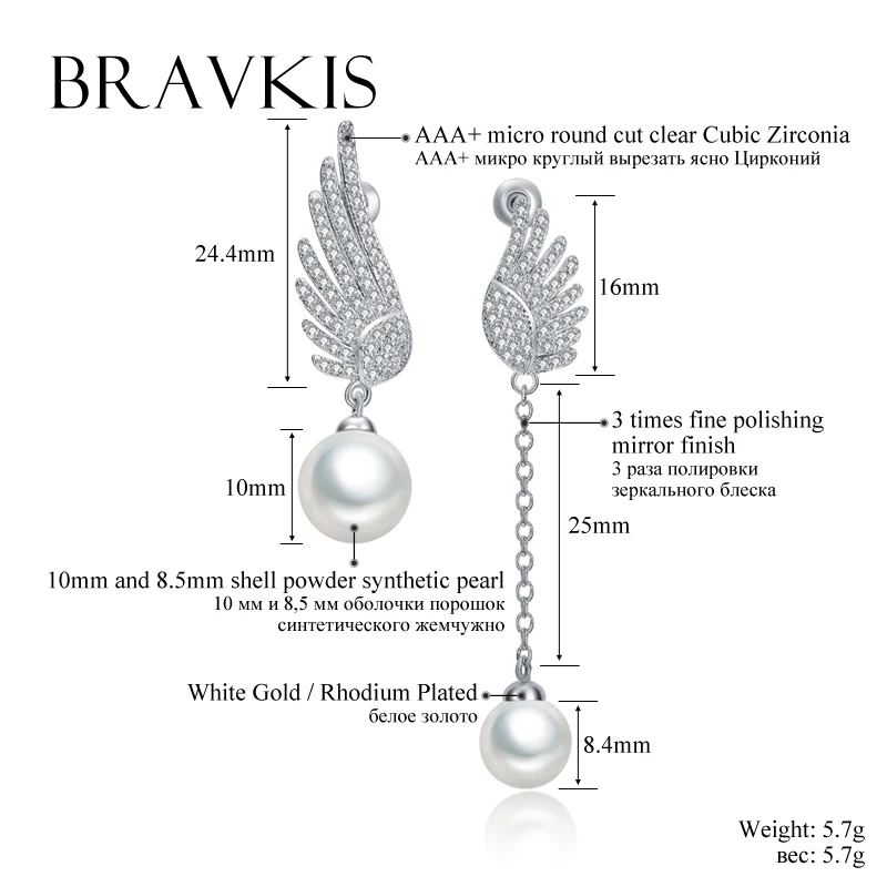 BRAVEKISS simulate pearl dangle earrings for women long chain cz angel wing earrings drop pendientes largos jewel BUE0221