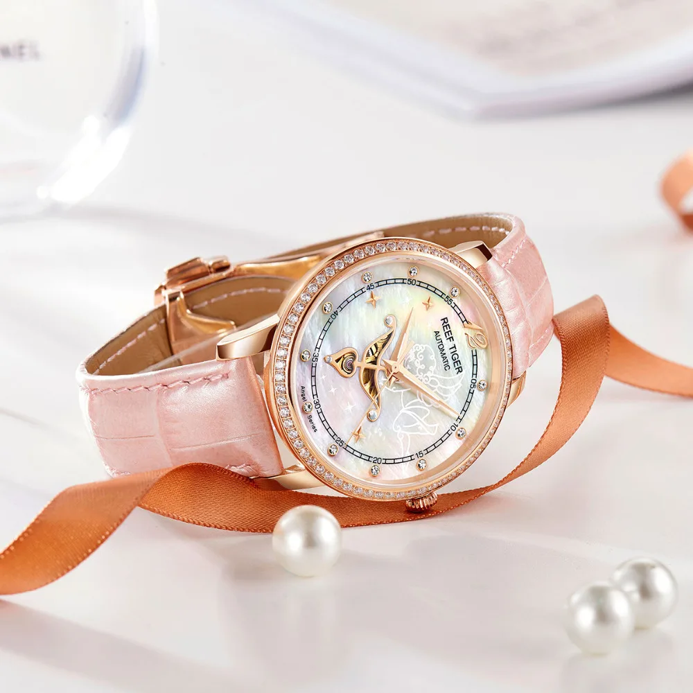 Reef Tiger/RT Top Brand Luxury Female Watch Automatic Leather Strap Women Fashion Watches Relogio Feminino RGA1550