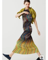 HOT SELLING Miyake Elegant fold open fork striped sleeveless o-neck Fashion long dress IN STOCK