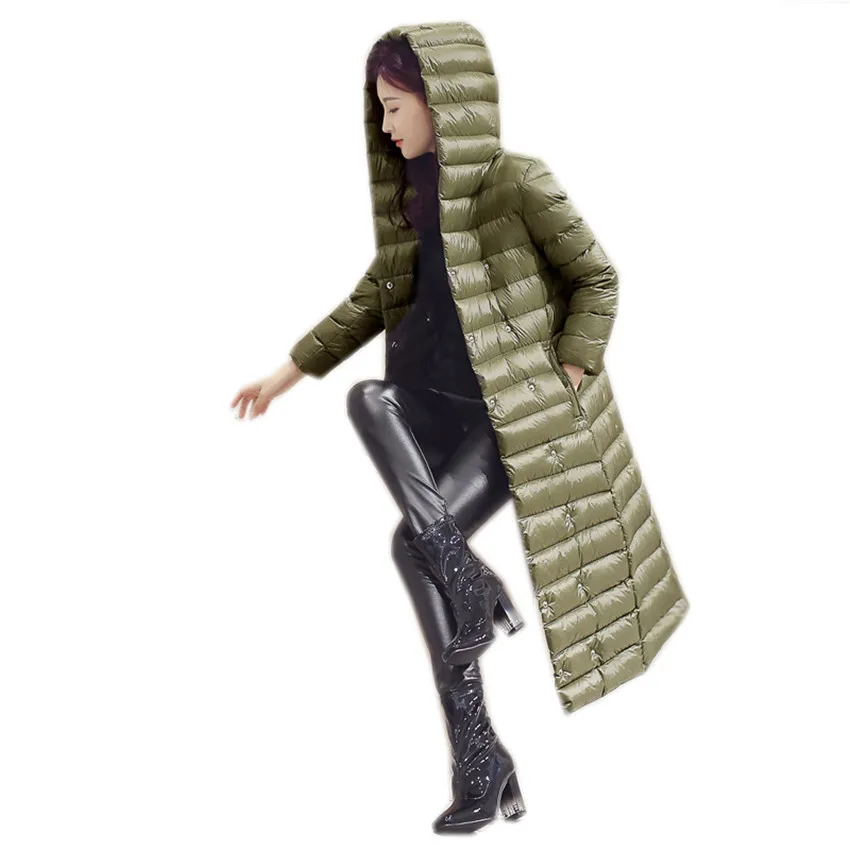 New Winter Women Light Down Jacket Long Down Coat Lady Slim Plus Size White Duck Down Jacket Hooded Coats Female Jackets WZ107