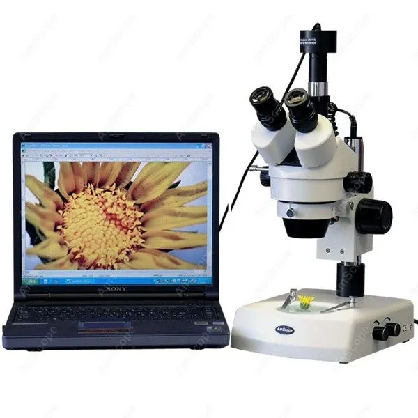 AmScope Zoom Trinocular Stereo Microscope 3.5X-90X on Pillar Stand+ Dual Halogen Lights + 1.3MP USB 2.0 Camera