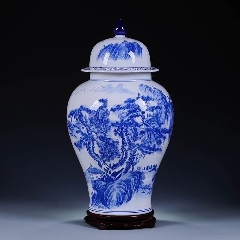 Jingdezhen Porcelain jar Ornaments Antique Blue And White Landscape Temple Jar Storage pot Chinese ceramic ginger jar vase