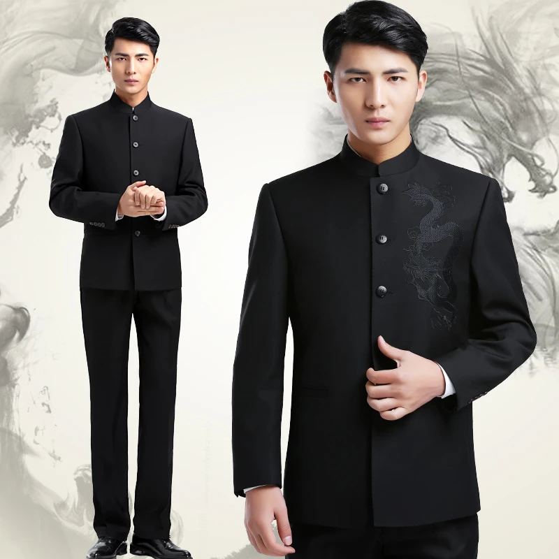 

Chinese Stand collar Zhongshan suits Jacket + Pants men's embroidered dragon totem clothing fashionable version slim youth Suits