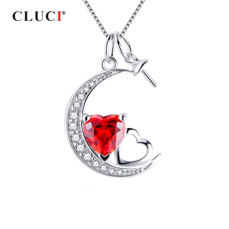 

CLUCI 925 Sterling Silver Zircon Moon Pendant for Women Valentine Day Gift Silver 925 Red Double Heart Women Jewelry SP405SB