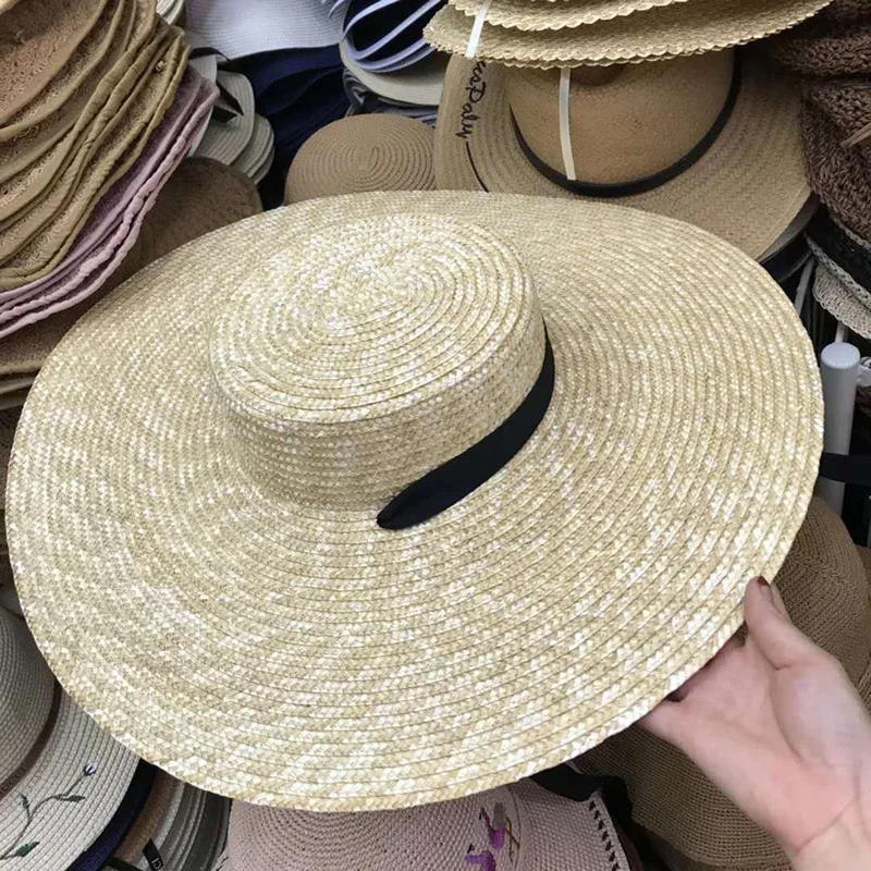 Sombrero de paja de trigo Natural para mujer, Sombrero con lazo de cinta de 15cm, de ala ancha, protección UV, para playa, Verano