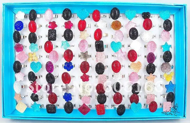 Wholesale 100pc Mixed Design Multicolor Resin Ring Size Resizable Alloy Rings Girl's Costume Fashion Jewelry