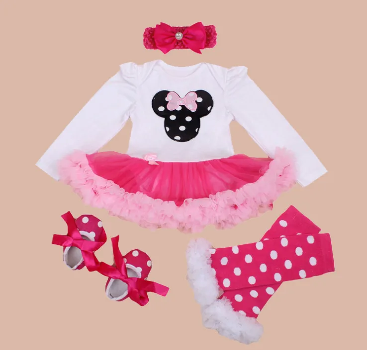 

Children Clothes Sets Baby Cartoon Rompers Dresses Girls Kids Casual Jumpsuits Shoes Headwear 4 pcs suit Birthday Party Outfits