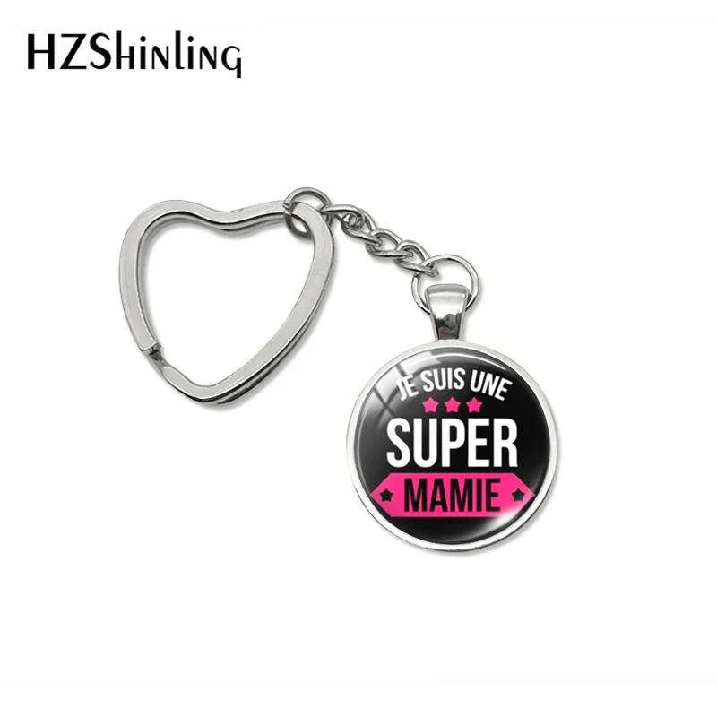 Fashion Super Mamie Quotes Heart Key Chains Holder Glass Dome Pendant je suis une Mamie Letter Design Keyring Keychanis Jewelry