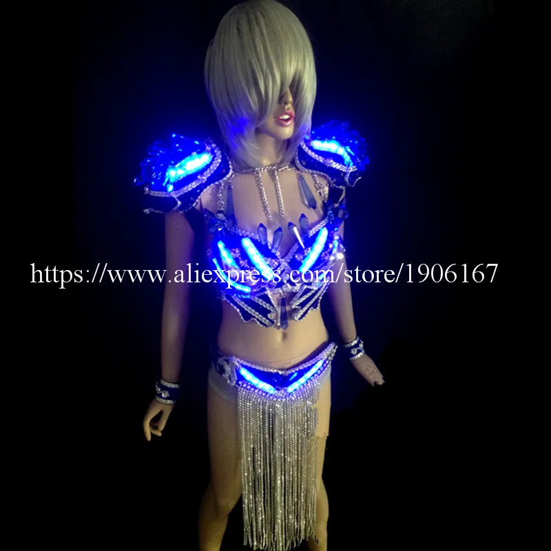 

LED Luminous Light Emitting Shoulder Bra And Waistband Sexy Women Suit Led Crystal Nightclub Stage Show Performance DS Costume