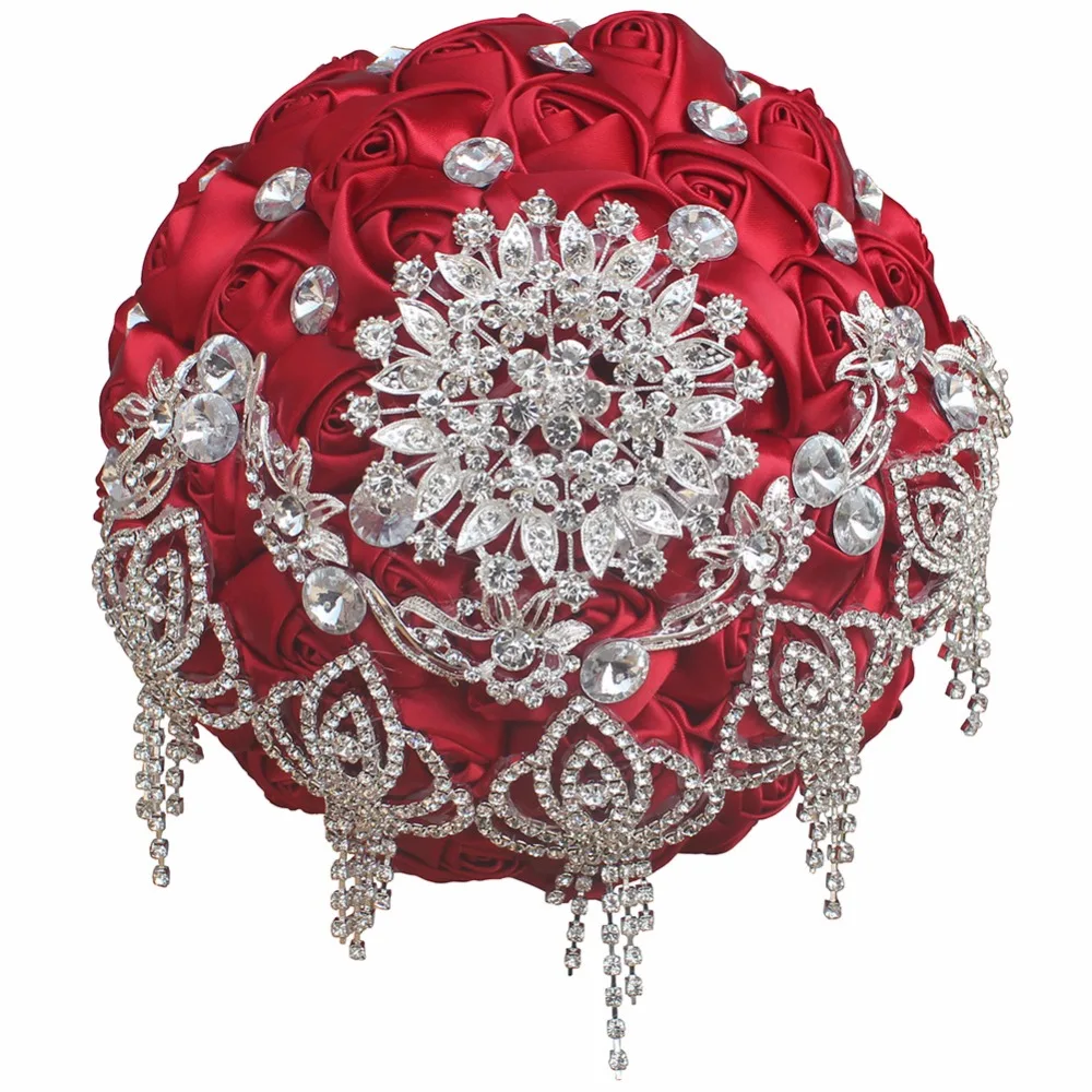 Red Rose Wedding Bouquet Crystal Brooch Bridal Bouquets Handmade Satin Flower Rhinestone Bride Wedding Bouquets Can Custom Made