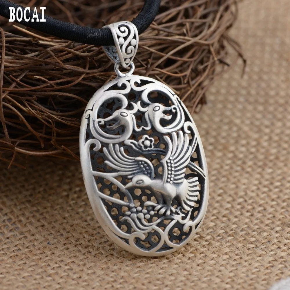 BOCAI  NEW  S990  Silver Antique Craft Female Models Exquisite Peacock Hollow Gift Pendant