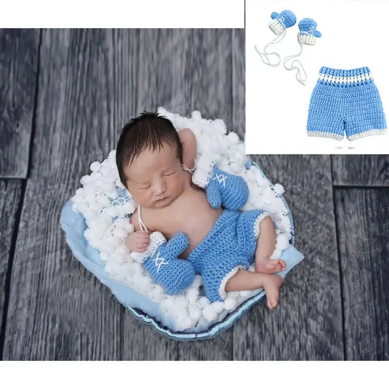 D7YD Newborn Baby Photo Photography Prop Costume Boxing Gloves Shorts Crochet Knit Clothes boxer Boxing gloves and pants Set