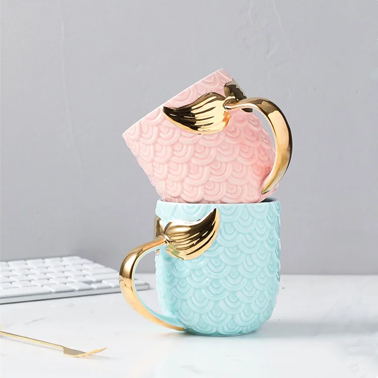 Beauty Mermaid Handle Mug Large Capacity Tea Milk Cup Creative Gold Mermaid Tail Coffee Mug Drinkware 350ML