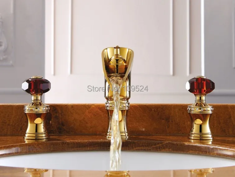 

EMS(DHL)Free shipping PVD GOLD WIDESPREAD LAVATORY BATHROOM SINK FAUCET crystal handles knobs faucet