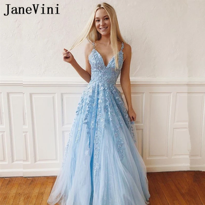 JaneVini Affascinante Luce Cielo Blu di Tulle Plus Size Abiti da ballo Con Scollo A V Appliques Del Merletto Backless UNA Linea di abiti Da Ballo Lunghi Abiti Eleganti