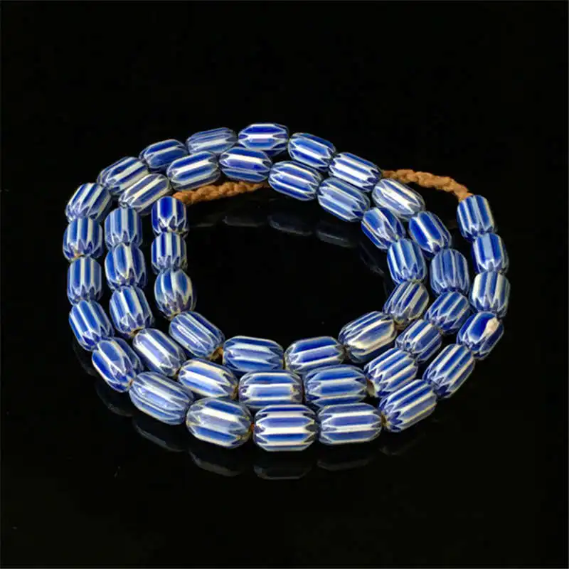 Nepal Hand Antiqued Lampwork Beaded Barrel Strand Necklace Blue and White China TNL222