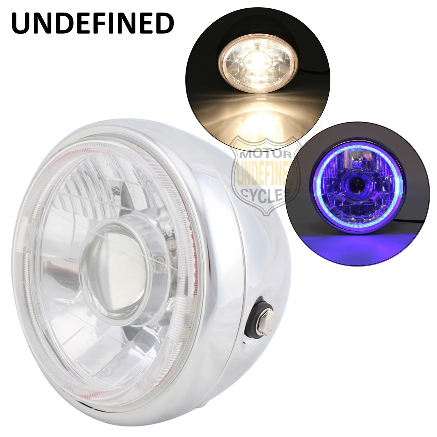 

7 1/2" Motorcycle Parts Head Light Chrome Projector Headlight Blue Angel Eye 60/55W For Cruiser Chopper Universal