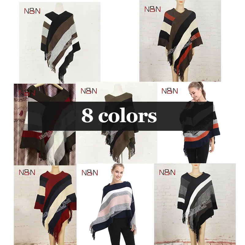 Outono inverno feminino malha poncho borla grosso blusas pulôver casual cachecol batwing manga jumper listrado sem mangas plus size