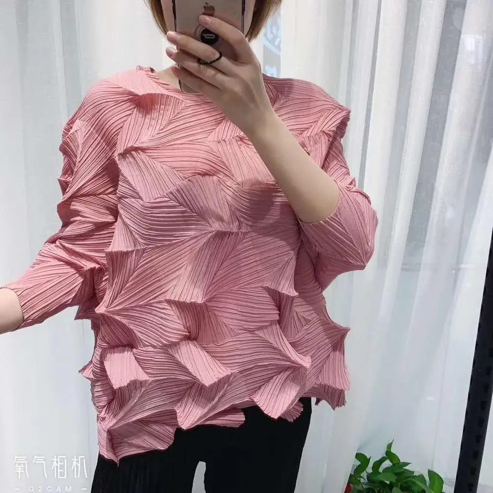 

HOT SELLING fIrregular diamond fold solid color three quarter fashion o-neck Confetti T-shirts IN STOCK