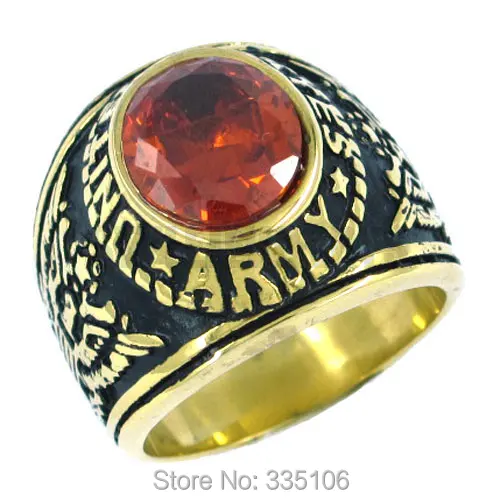 

Free shipping! Gold United States Army Ring Stainless Steel Jewelry Red Zircon Military Ring Motor Biker Men Ring SWR0144