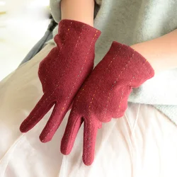 Fashion Elegant Female Wool Knit Embroidery Touch Screen Gloves Winter Women Warm Cashmere Full Finger Leather Bow Gloves C25