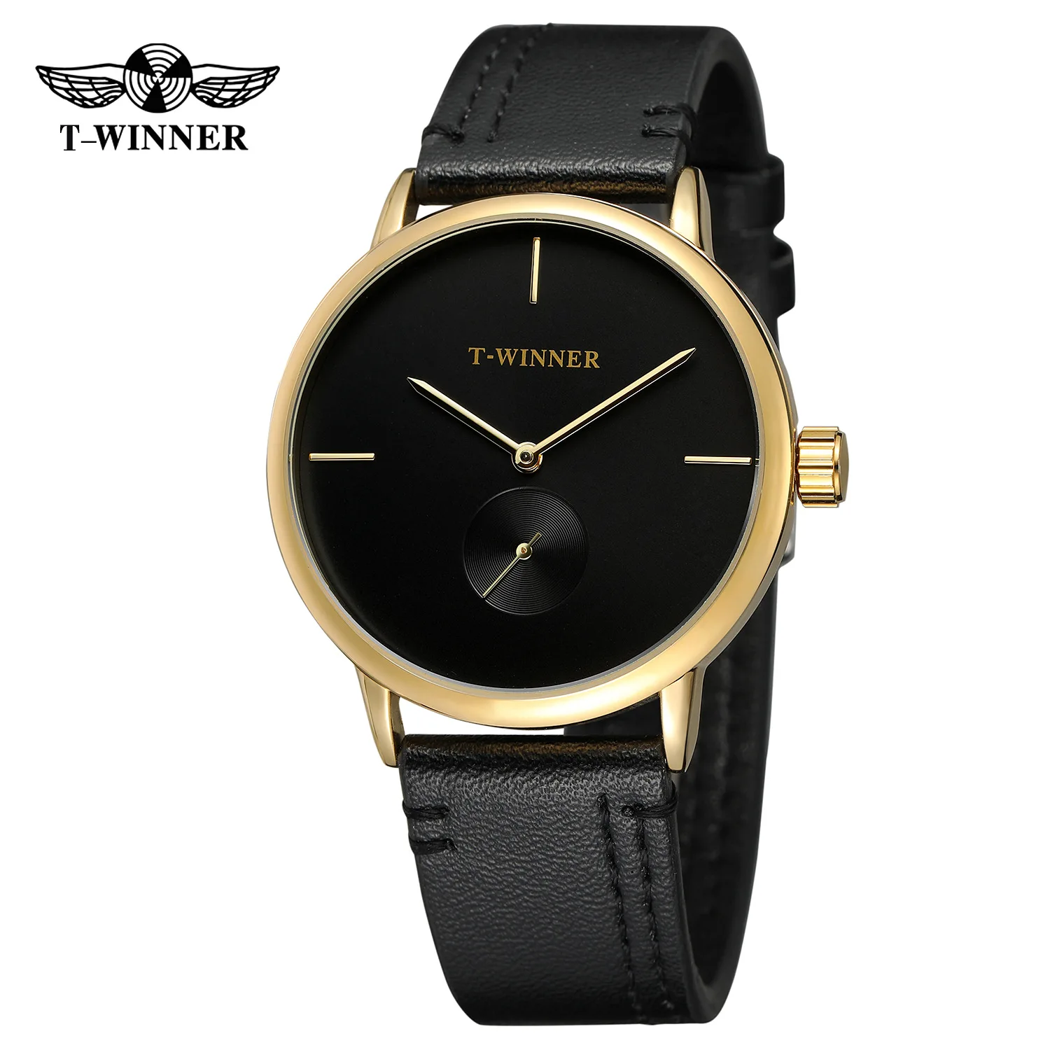 Fashion T-winner Top Brand Men Mechanical Watches Genuine Leather Strap Luxury Business Men\'s Black Case Dress Relogio Masculino