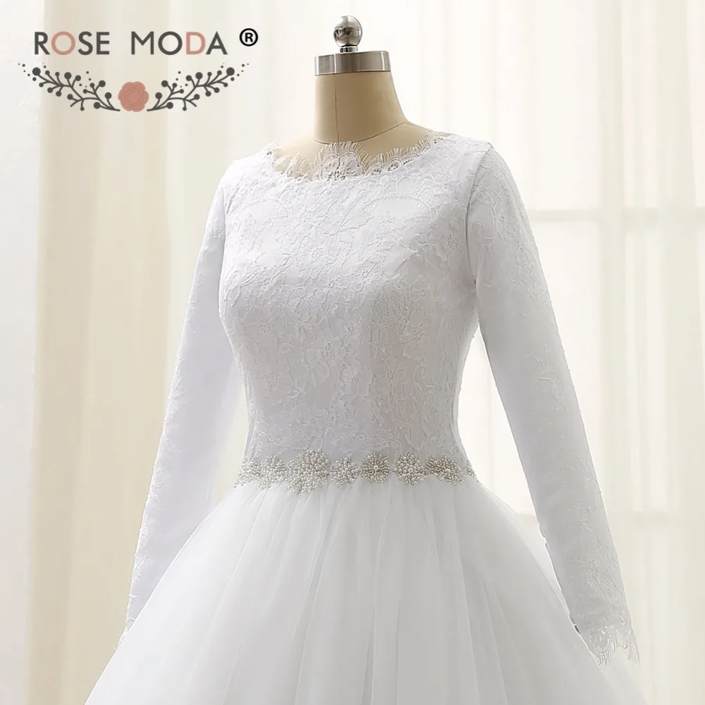 Rose Moda – robe de mariée musulmane, col haut, manches longues, avec ceinture, Photos réelles, sur mesure