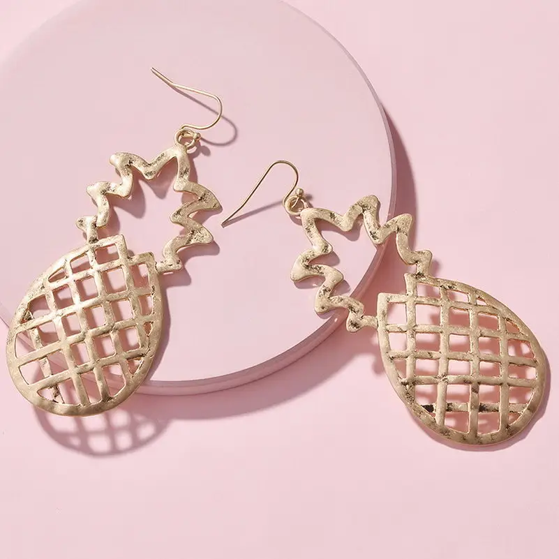 Cutout Pineapple Metallic Big Drop Earrings for Women Hammered Thumped Hollow Pineapple Dangle Drops Earrings