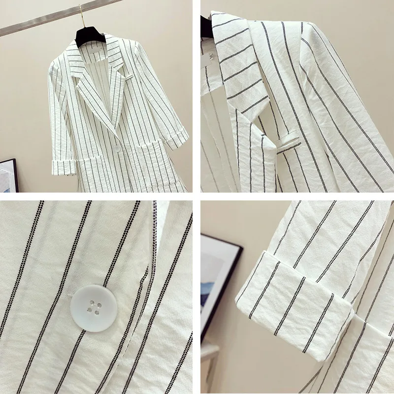 2022 Spring Autumn Women Blazers Notched Collar Stripe Suit Coat Casual Office Female Blazer Slim Outerwear 4XL R935